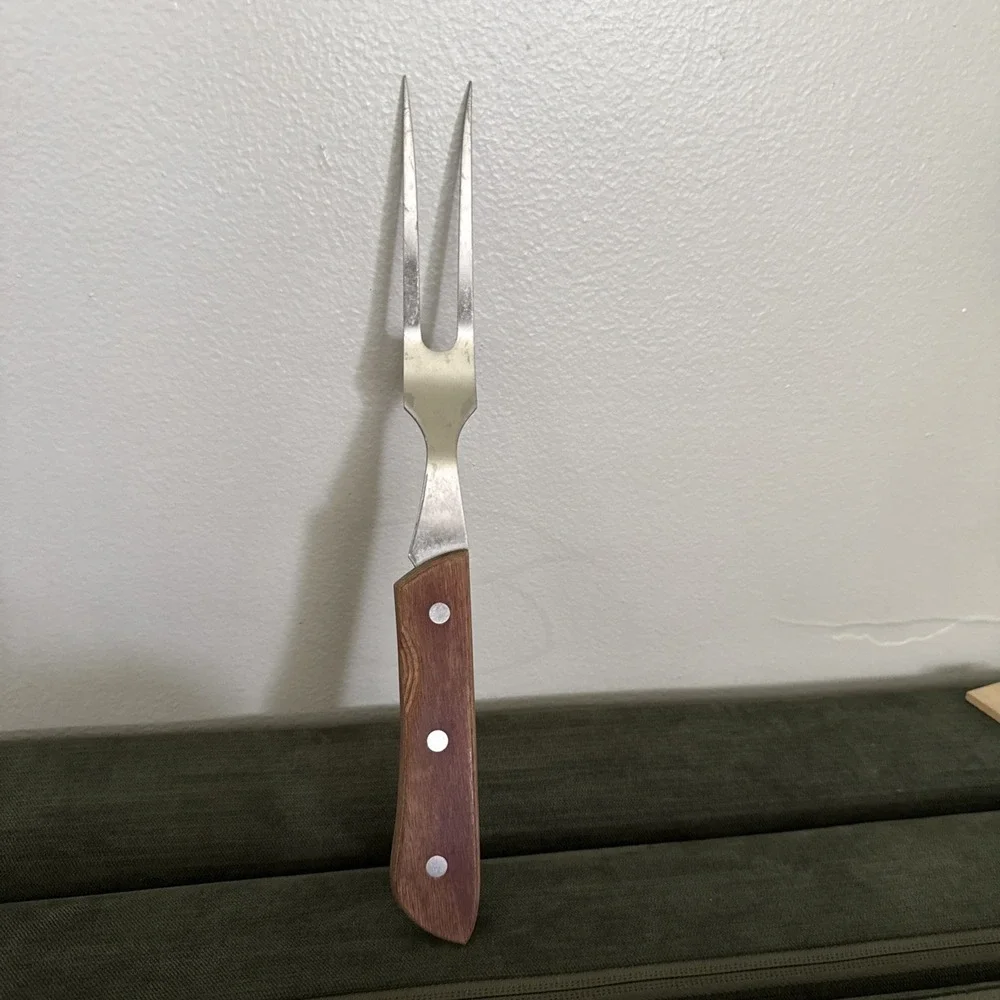 Solid Stainless Rogers Vintage Mid Century Meat Carving Fork Wood‎ Handle Japan